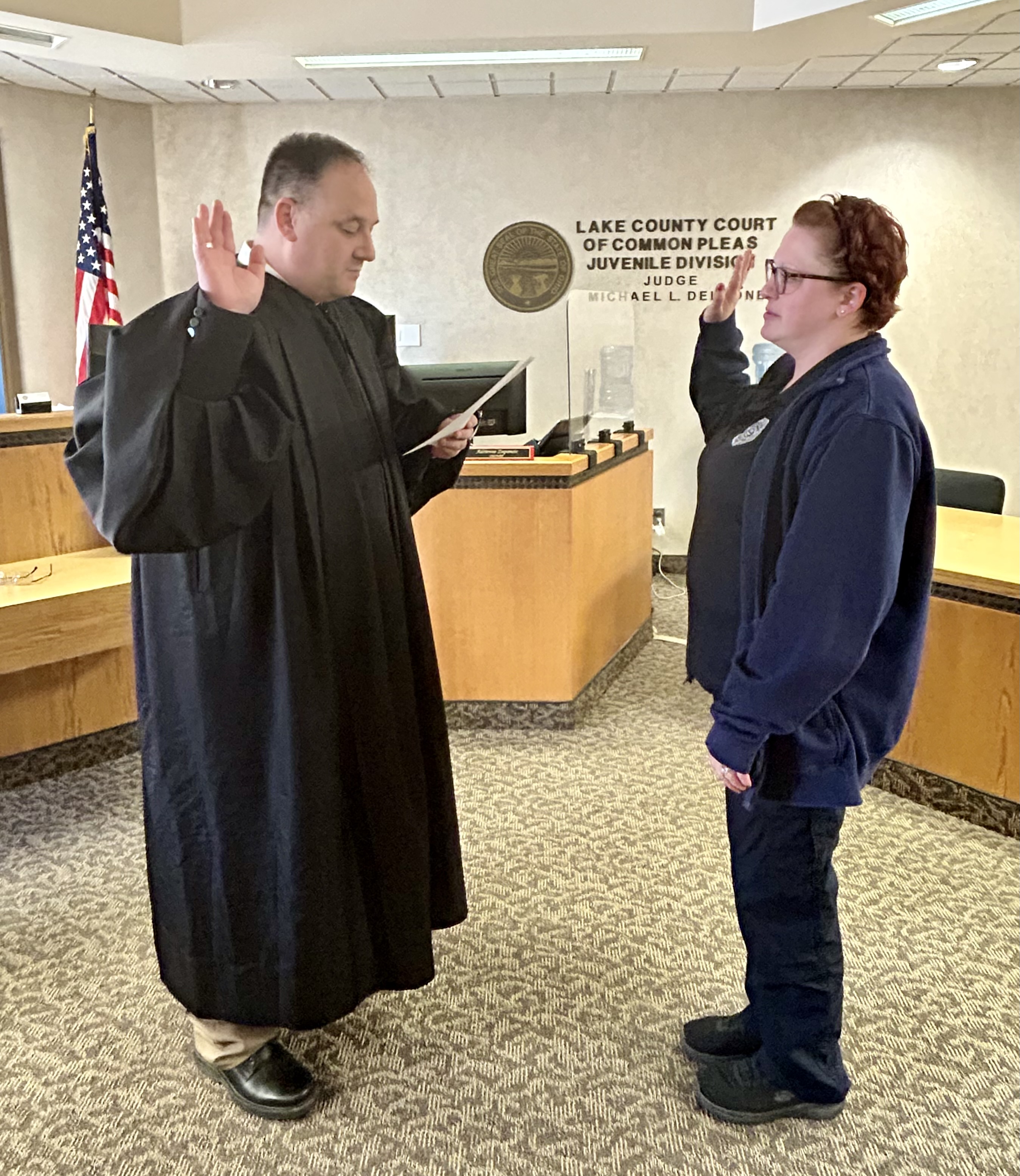 Judge DeLeone swearing in Sarah Boyce from Willowick Police Department