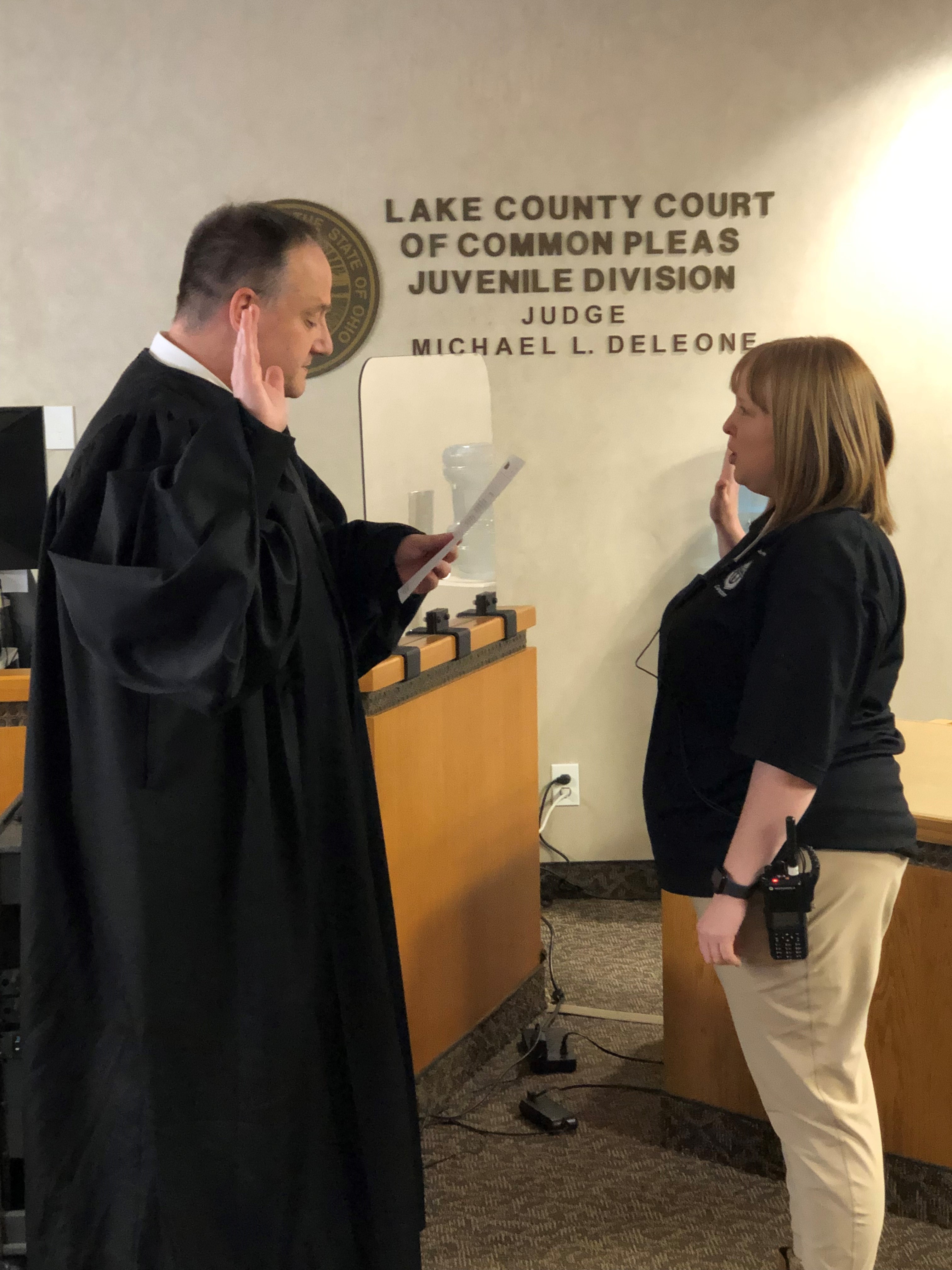 Judge DeLeone swearing in Tiffany Gaskill as a Juvenile Corrections Officer.