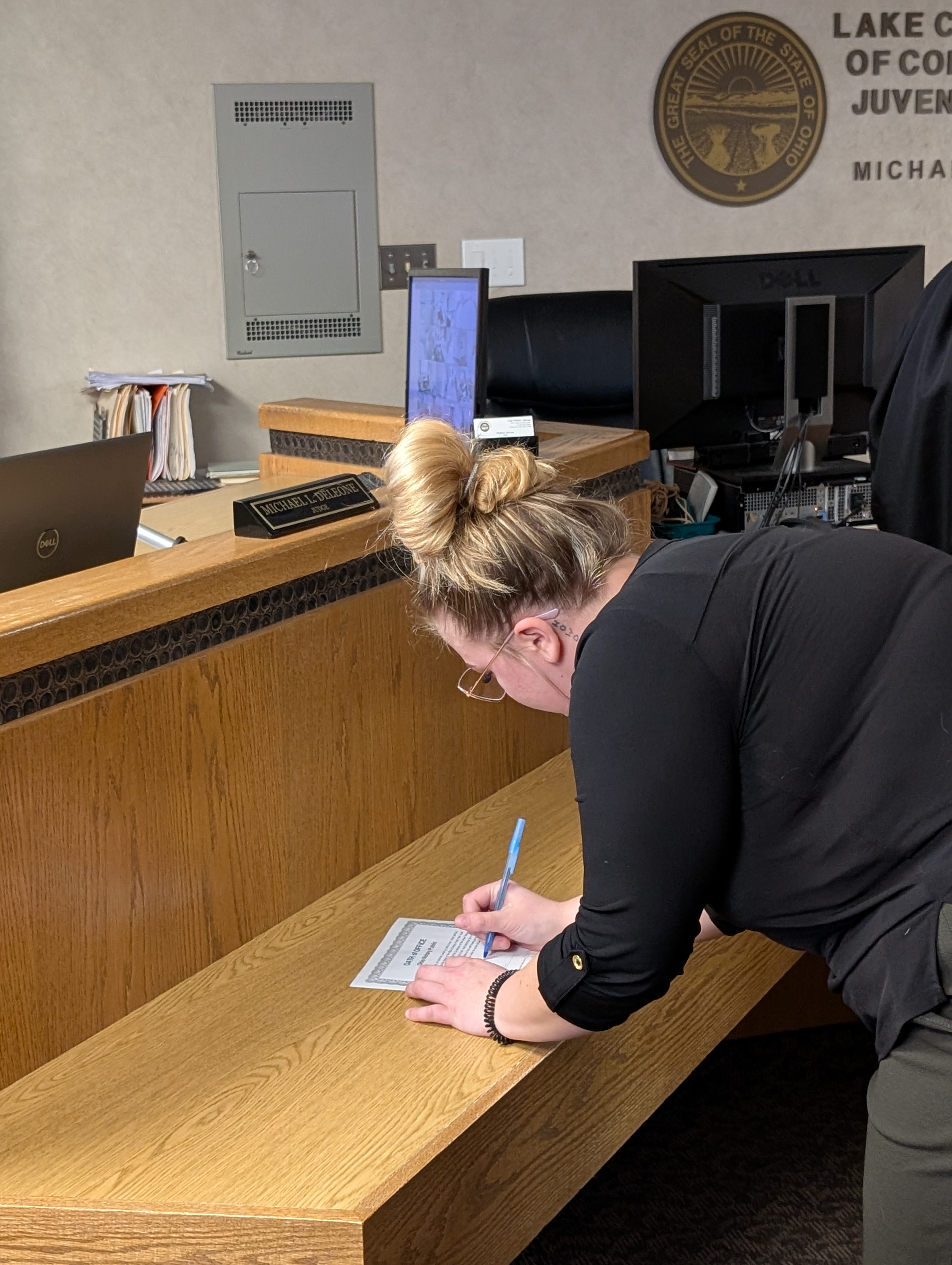 Judge Deleone swearing in Hayley Tycast with her Notary Oath